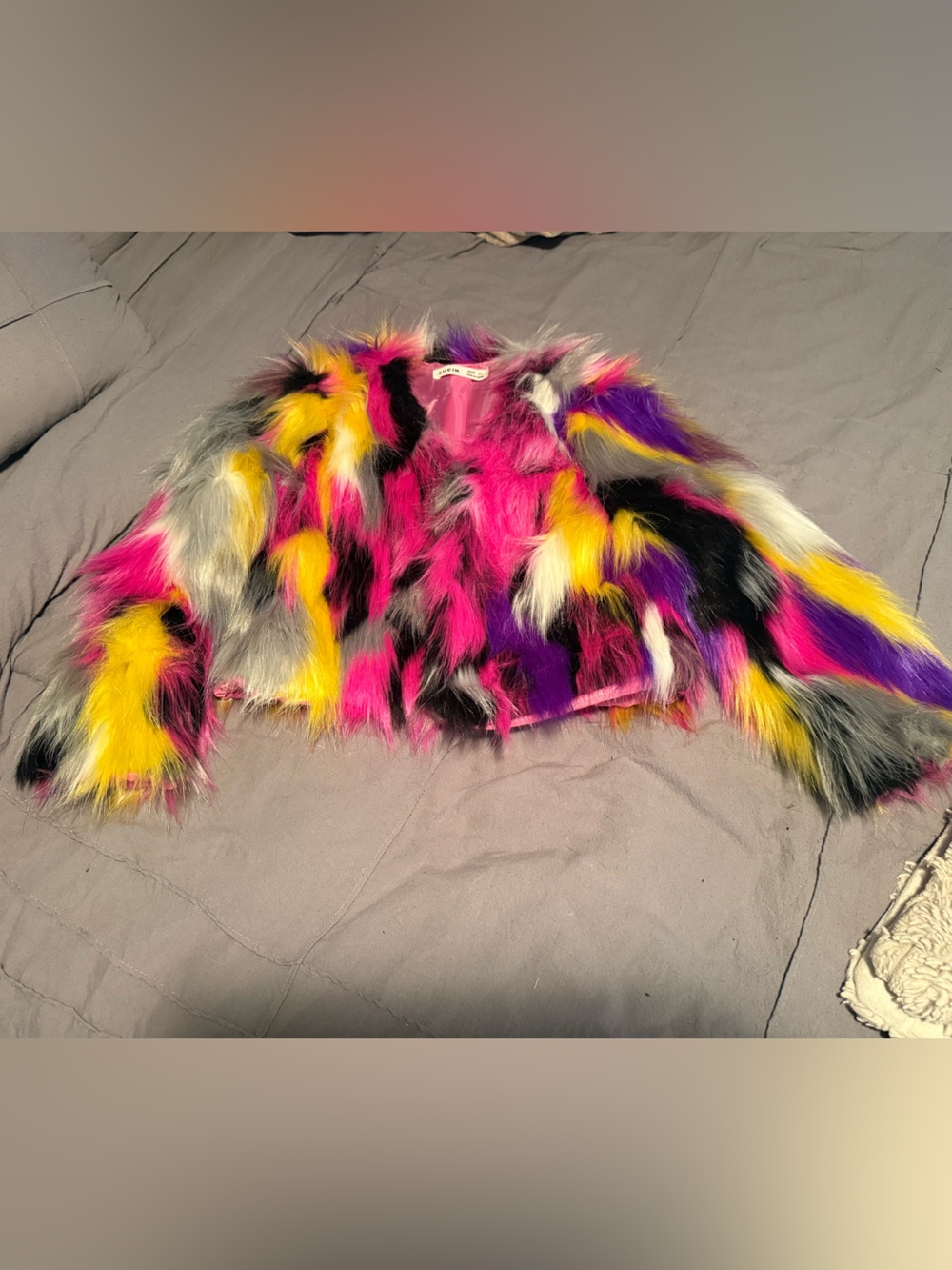 Vibrant Multi-Color Faux Fur Jacket - Pink, Yellow, Purple, Black, Gray